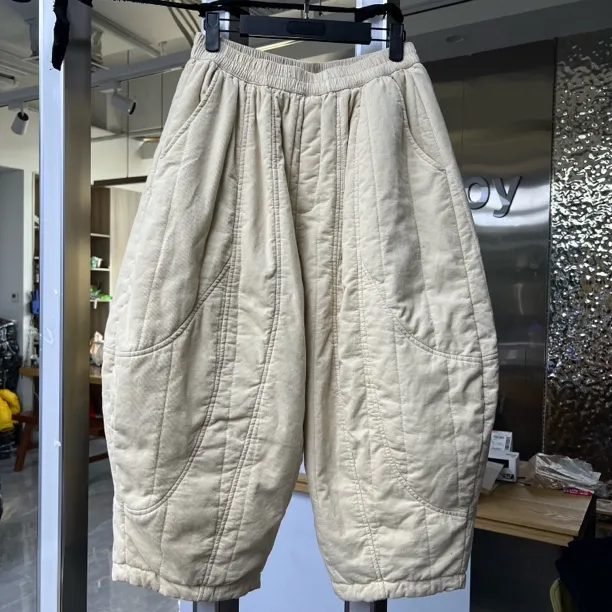 新款文艺复古炒色南瓜气球棉裤竖条压线拼色休闲裤