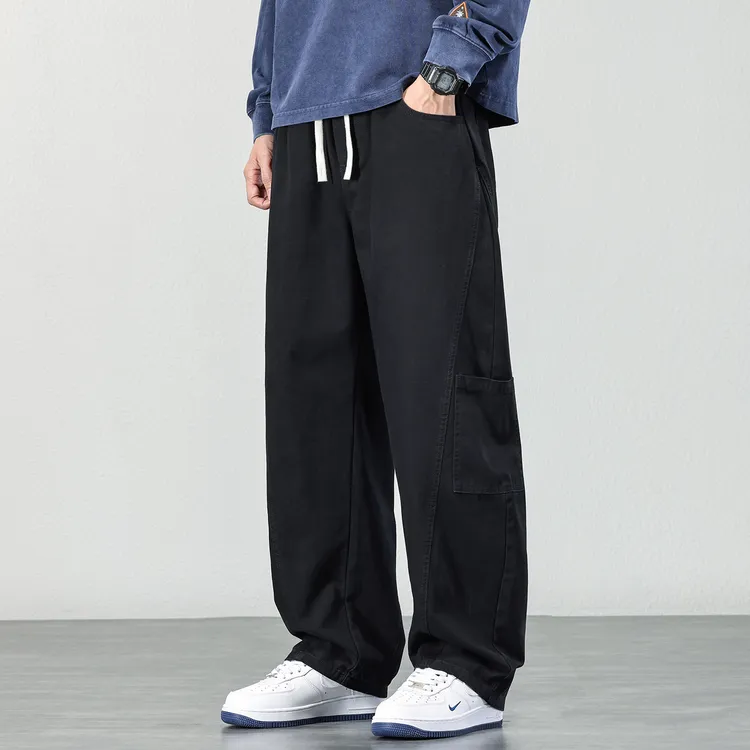 纯棉百搭工装休闲裤子男款秋冬高街痞帅弯刀裤宽松直筒多口袋长裤