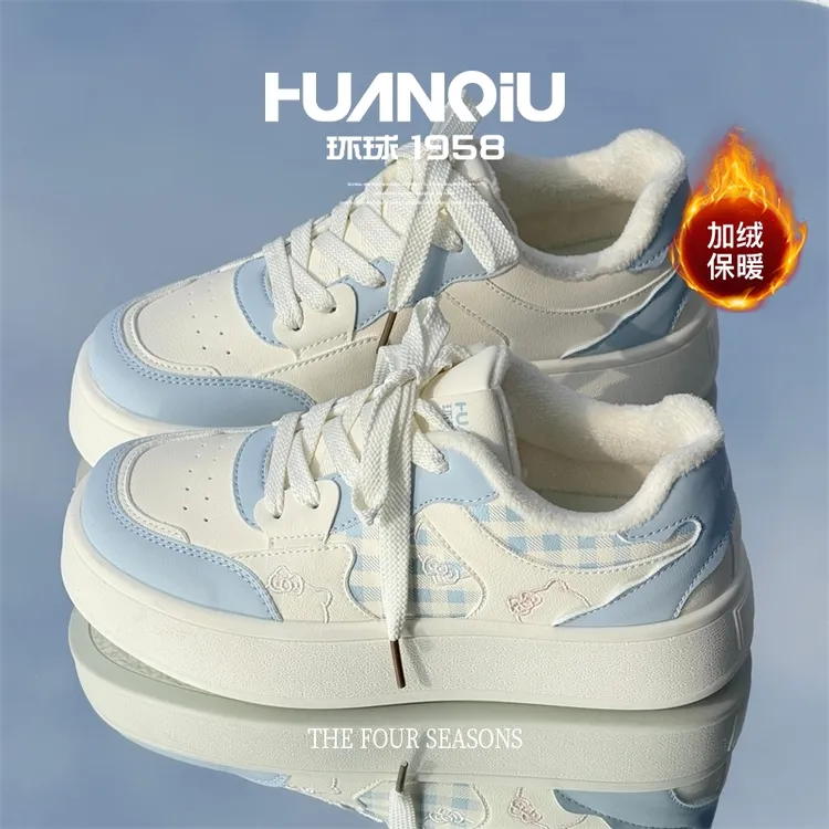 环球厚底小猫休闲小白鞋2025冬季新款百搭运动鞋增高加绒板鞋女鞋