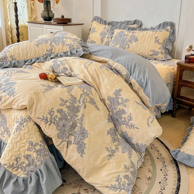 法式复古浪漫格调新款a类加厚夹棉超柔水洗棉床盖款四件套-茶巷