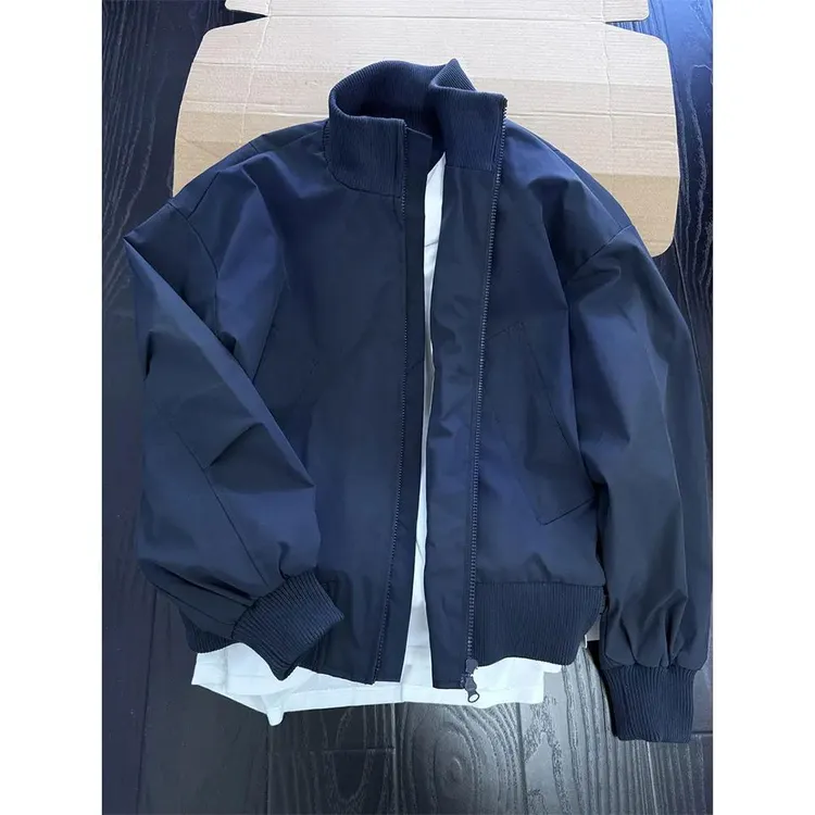 藏青色短款飞行员夹克男款秋季美式复古立领棒球服bomber工装外套