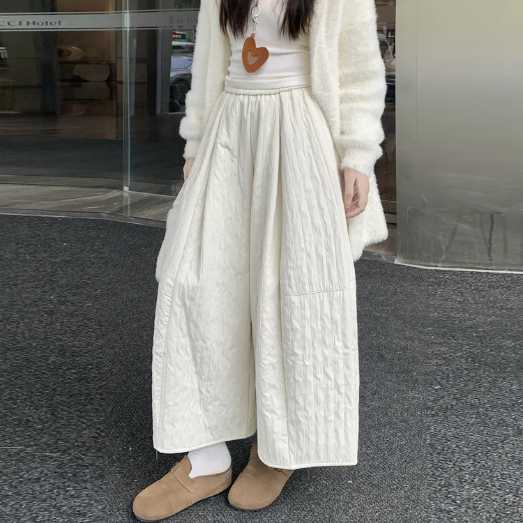 秋冬加绒夹棉阔腿裙裤女款日韩休闲松紧裤高腰显瘦宽松直筒休闲裤