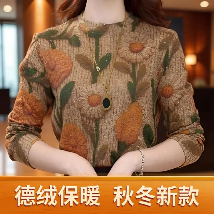 秋冬外穿印花德绒打底衫女长袖胖mm大码遮肚显瘦保暖澳绒T恤小衫