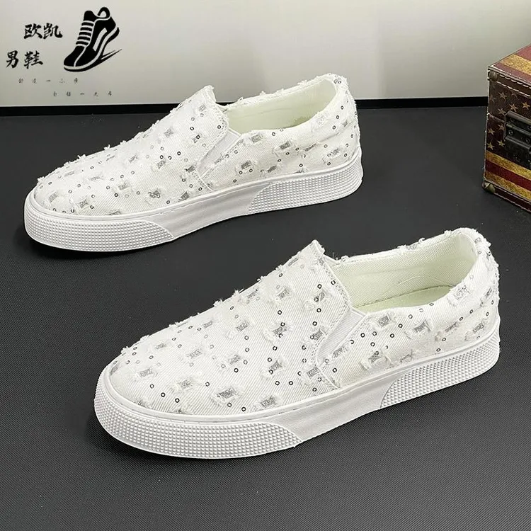潮牌男鞋一脚蹬帆布2025夏季百搭新款破洞透气休闲鞋时尚牛仔布鞋