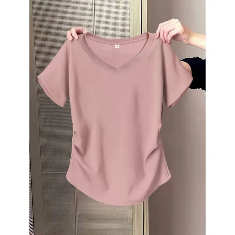 V领粉色短袖t恤女2025夏季新款修身褶皱收腰内搭上衣显瘦遮肚体恤