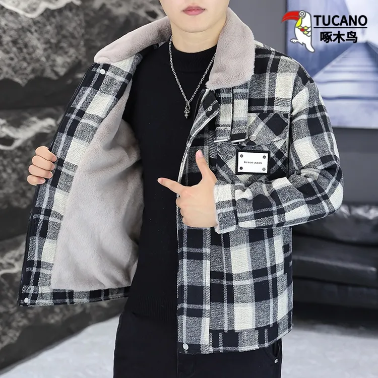 啄木鸟冬季男生加绒加厚格子保暖棉衣休闲仿兔绒翻领防寒宽松痞帅
