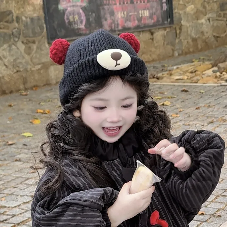 【小布丁】宝宝帽子秋冬款复古可爱小熊针织套头帽男女童儿童毛线帽