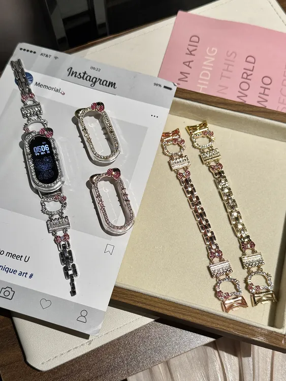 适用苹果iwatch闪钻kitty金属表带表壳配套小米9pro红米华为表带