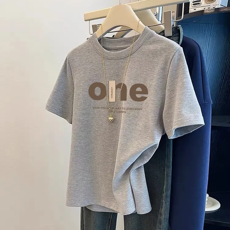 夏季薄款2025年新款正肩纯棉短袖t恤女百搭洋气灰色上衣打底衫潮