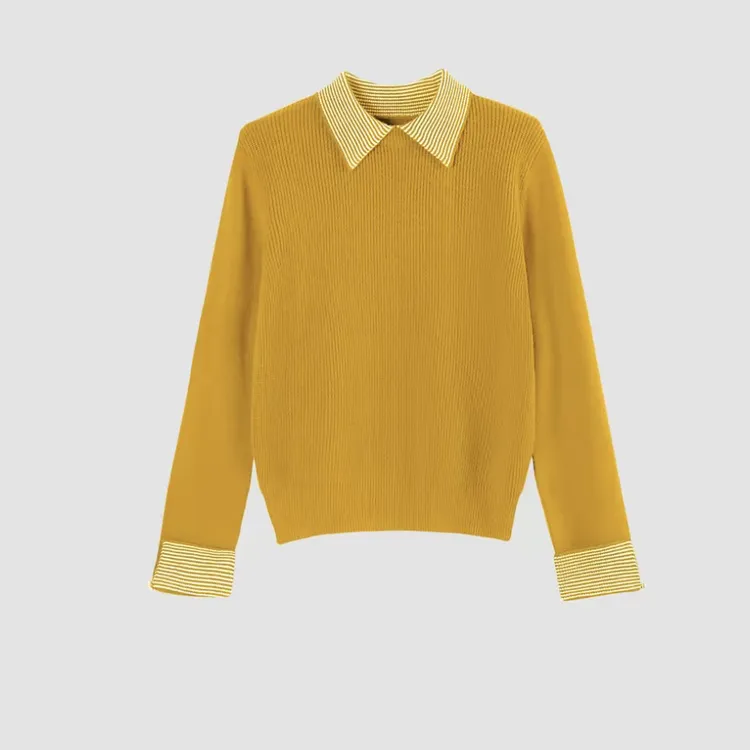 保暖秋冬新款简约风百搭假两件翻领毛衣针织衫打底小衫1153