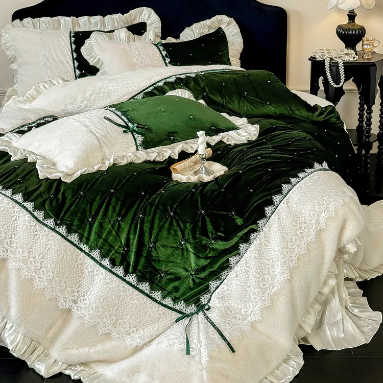 法式冬季复古花卉高克重金貂毛牛奶绒四件套蕾丝刺绣花边被套床单