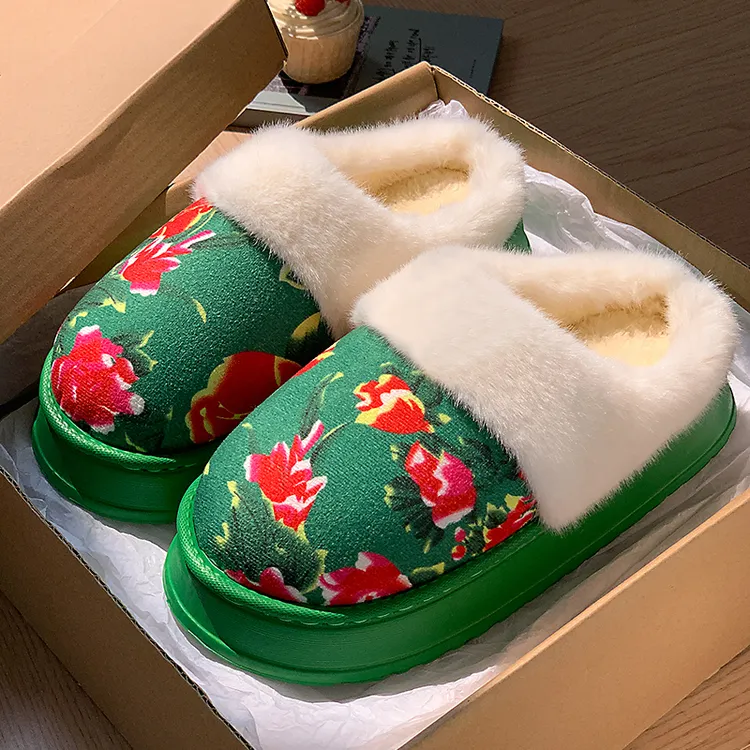 东北加绒棉拖男冬季居家喜庆外穿小个子增高保暖防滑情侣拖鞋女
