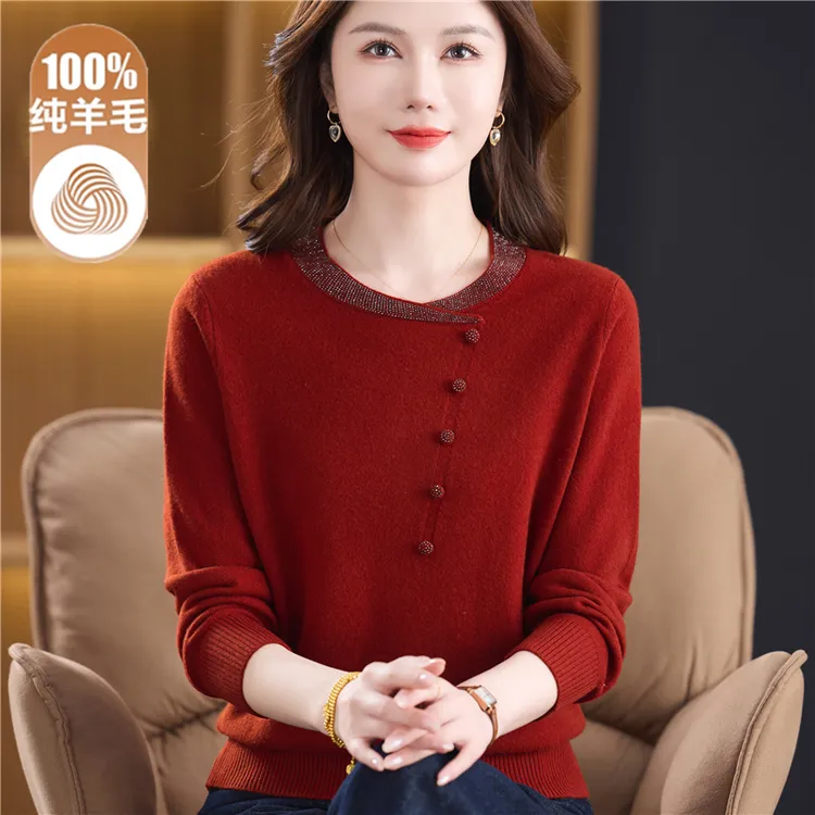 妈妈秋冬100%纯羊毛衫时尚中老年女装冬装大码圆领毛衣针织打底衫
