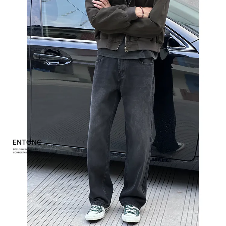 Entong美式高街水洗牛仔裤男生黑色春秋新款直筒裤子百搭宽松长裤