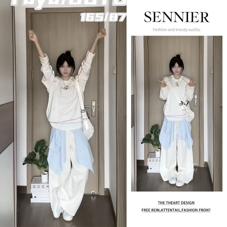 早秋穿搭一整套女2025新款百搭宽松印花长袖上衣显瘦阔腿裤三件套