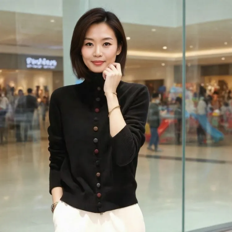 韩版气质妈妈装立领针织上衣秋冬针织开衫外套时尚针织衫显瘦毛衣