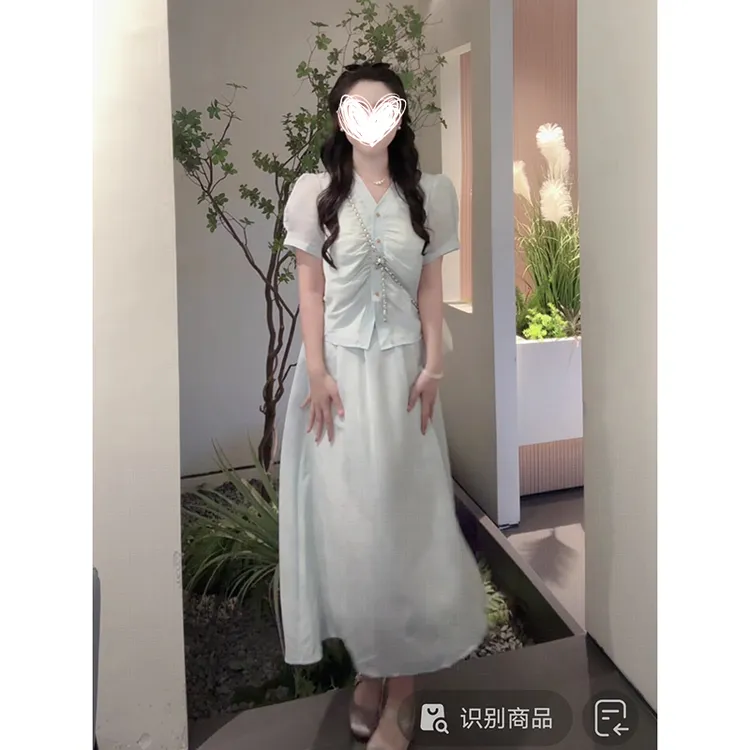 FRVXO夏季新款褶皱V领收腰短袖上衣气质显瘦遮胯半身裙时尚两件套