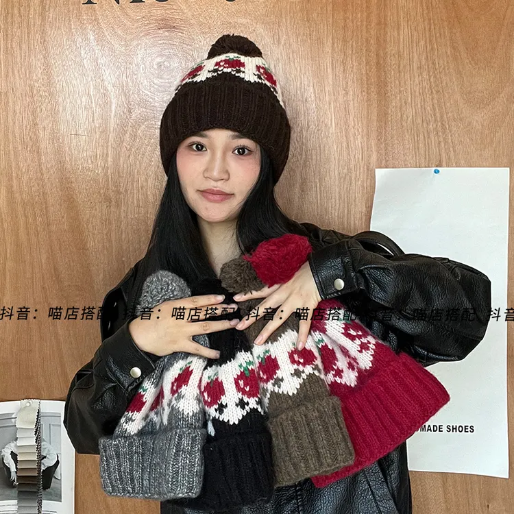费尔岛加绒针织帽休闲风秋冬帽子加厚时尚保暖网红复古毛线帽