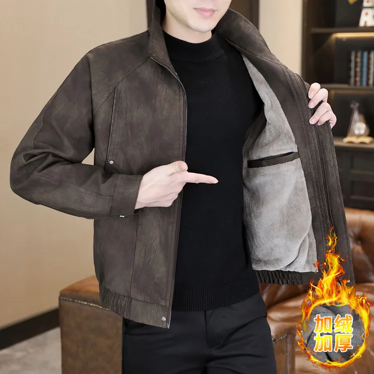 机车皮衣男士休闲时尚加绒加厚保暖防风皮夹克男中年翻领个性外套