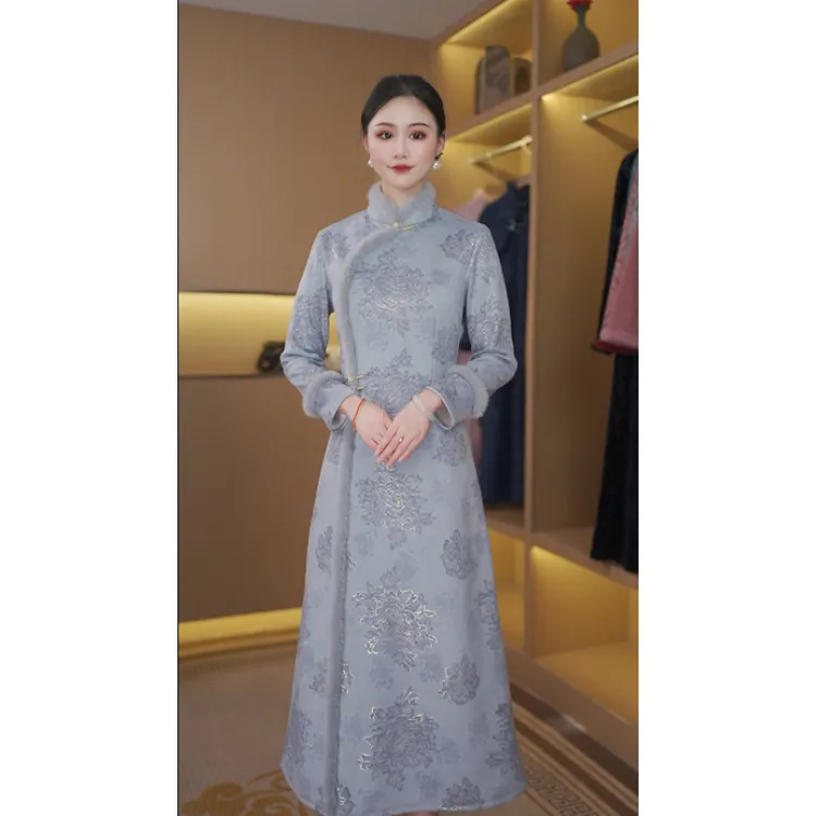 玉成 冬季加绒毛领新款优雅气质文艺日常奥黛改良旗袍