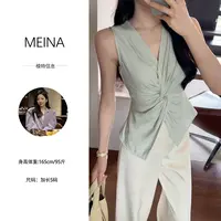 MEINA2【莫奈花园】V领扭结无袖设计感辣妹高级瘦腰显瘦衬衫上衣