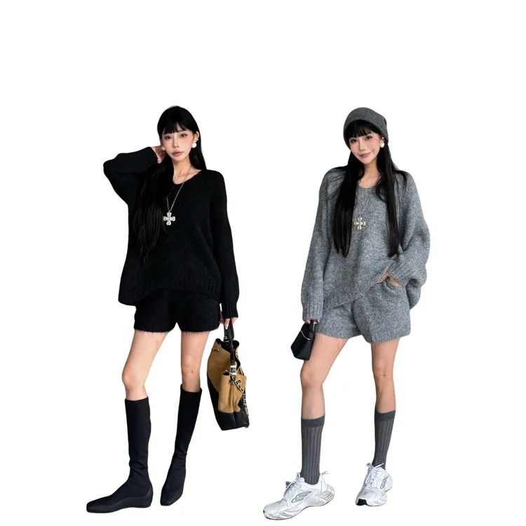 SHIRENYU（浮毛会掉毛）慵懒风马海毛针织衫毛衣高腰显瘦短裤套装女