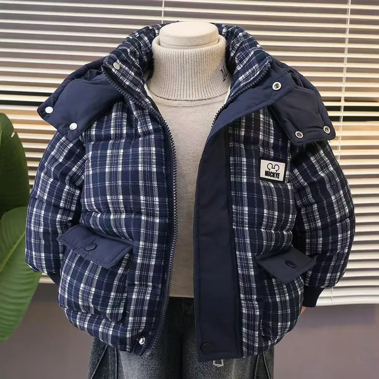 男童加绒加厚格子厚款连帽棉服宝贝冬季新款棉袄外套宽松冬装棉衣
