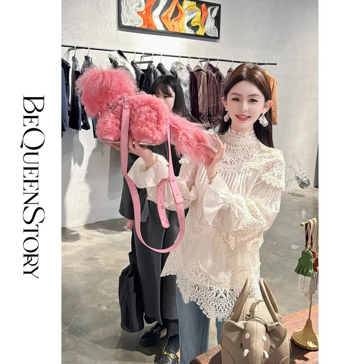 余潇潇【世纪繁花】重工定制花边蕾丝立领镂空上衣衬衫新款