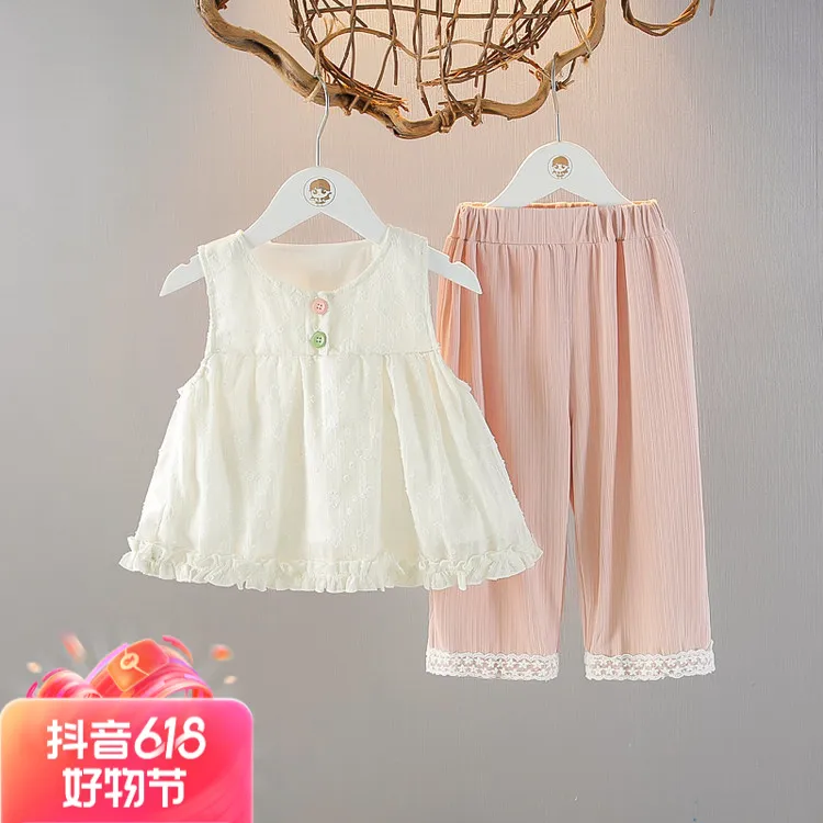 【店铺热销新品】童装无袖爆款夏装新款宝洋气边蕾丝上衣灯笼裤夏