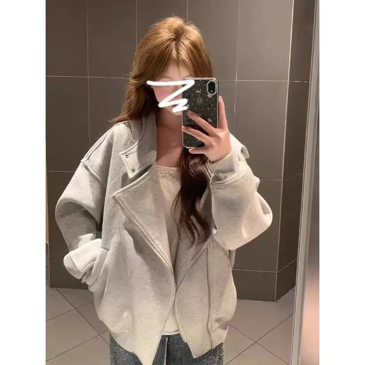 韩系双拉链灰色外套女秋冬2025新款美式oversize卫衣设计感开衫