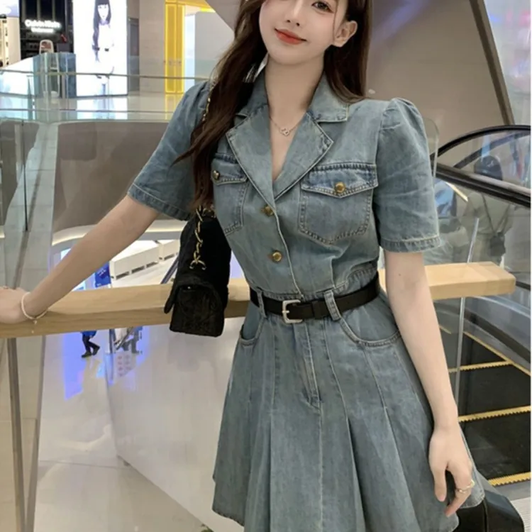 西装领牛仔百褶连衣裙女夏季法式小香风收腰显瘦短袖裙子+腰带ins