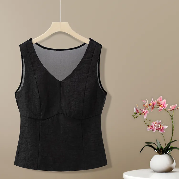 【阿邦香云纱】100%桑蚕丝真丝后背网纱背心女装夏季透气无袖打底衫