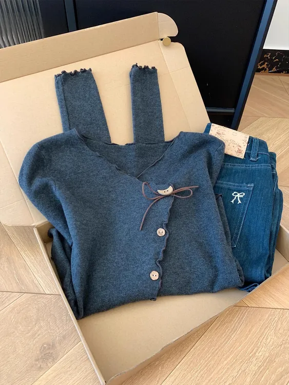 韩系深灰色木耳针织衫不规则毛衣女2025秋季纯欲慵懒风设计感上衣