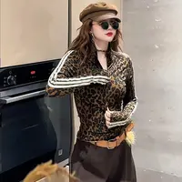 w4704 CC推荐 高领拉链设计修身豹纹T恤