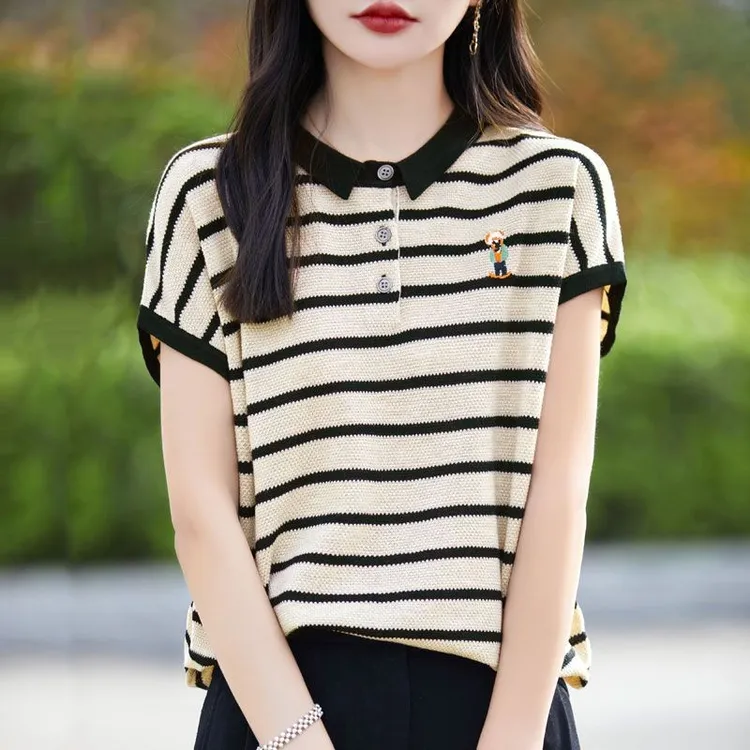 今年出行流行的漂亮小衫娃娃撞色冰丝T恤巨遮夏天洋气衣服女