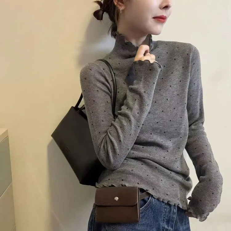 2025网红加绒秋冬设计感通勤百搭拼接波点木耳边T恤长袖打底9227