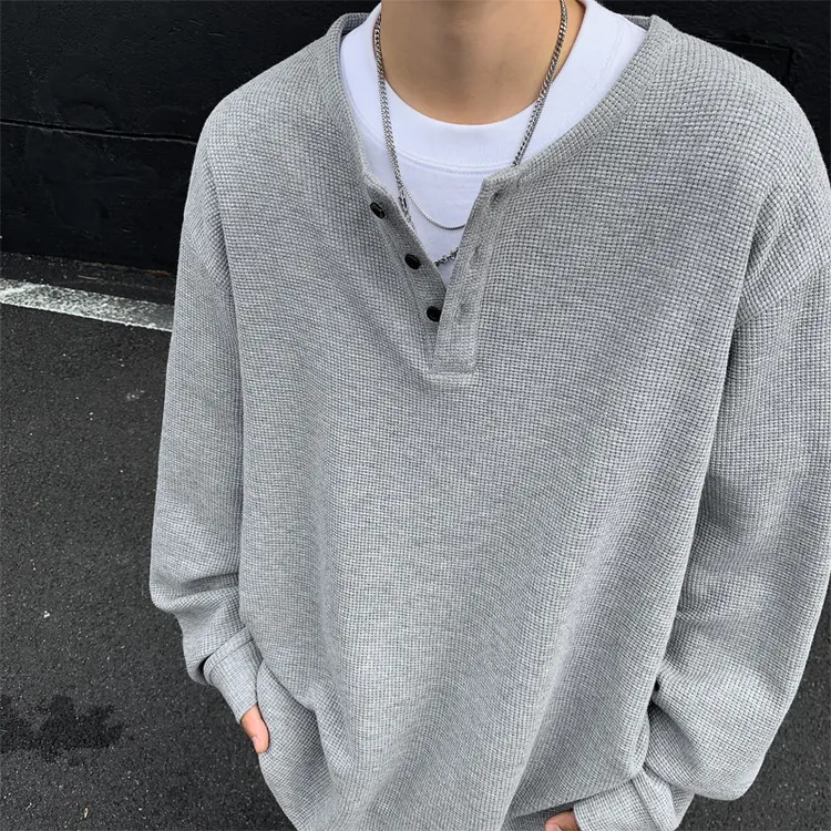 亨利领华夫格长袖t恤男2025秋季新款宽松大码上衣休闲内搭打底衫