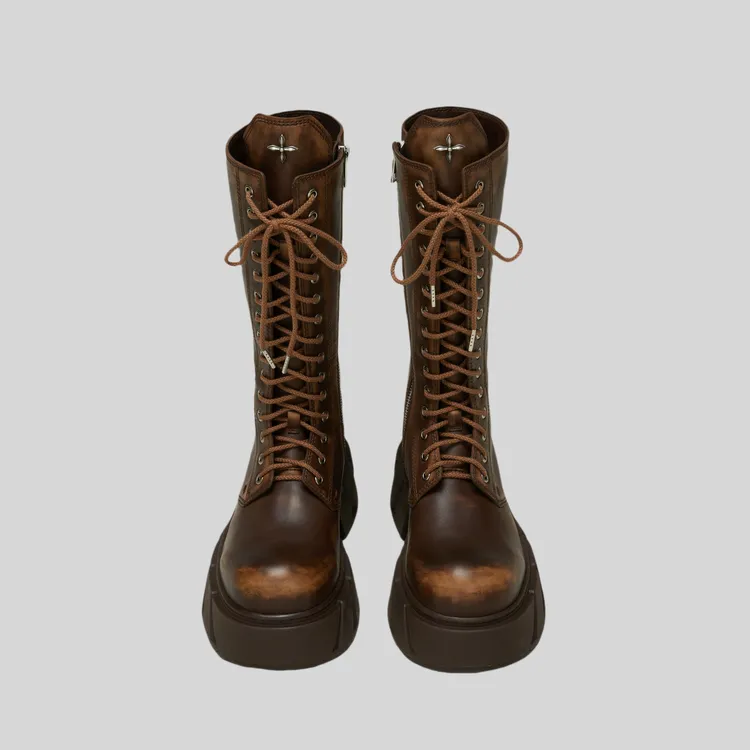 新款棕色厚底马丁靴真皮系带高筒靴绑带长靴复古辣妹增高鞋靴子