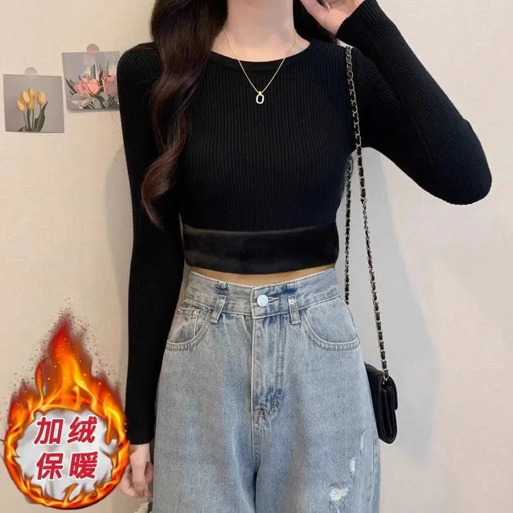 加绒特厚圆领针织打底衫女秋冬洋气减龄修身显瘦保暖内搭气质上衣