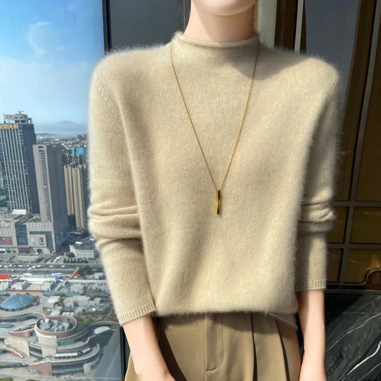 高端时尚品牌女装100%羊毛衫女半高领宽松百搭毛衣纯色针织打底衫