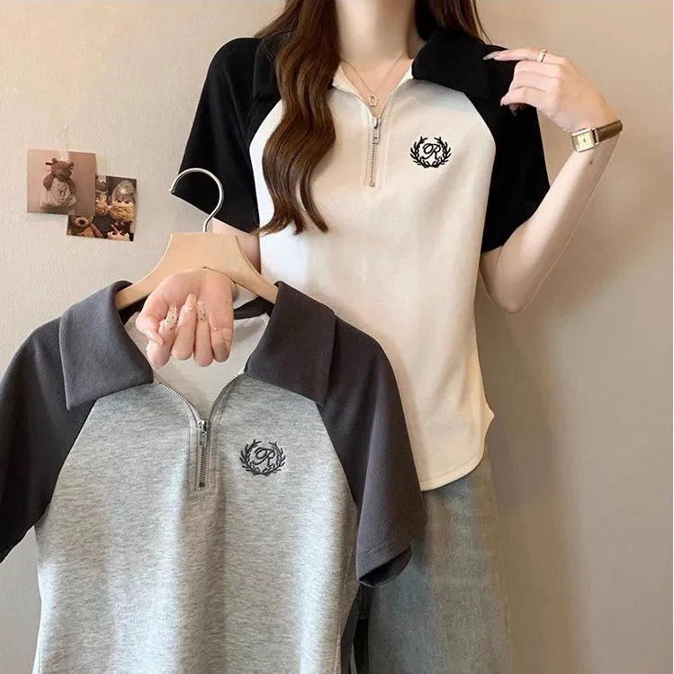 棉大码新款显瘦宽松ins减龄百搭T恤夏季大码休闲拼色翻领短袖上衣