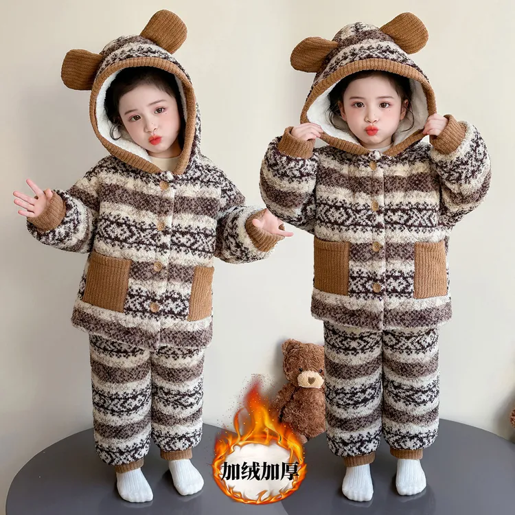 女童三层夹棉睡衣儿童冬季加厚加绒宝宝珊瑚绒保暖家居服套装女孩