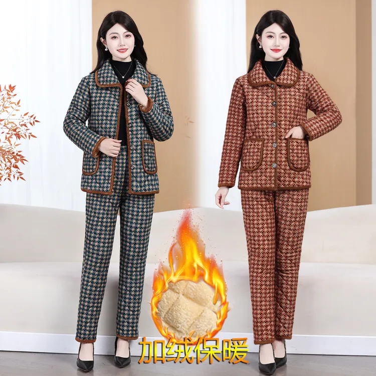新款冬季妈妈加绒棉衣套装保暖碎花棉袄棉裤加厚中老年棉服两件套