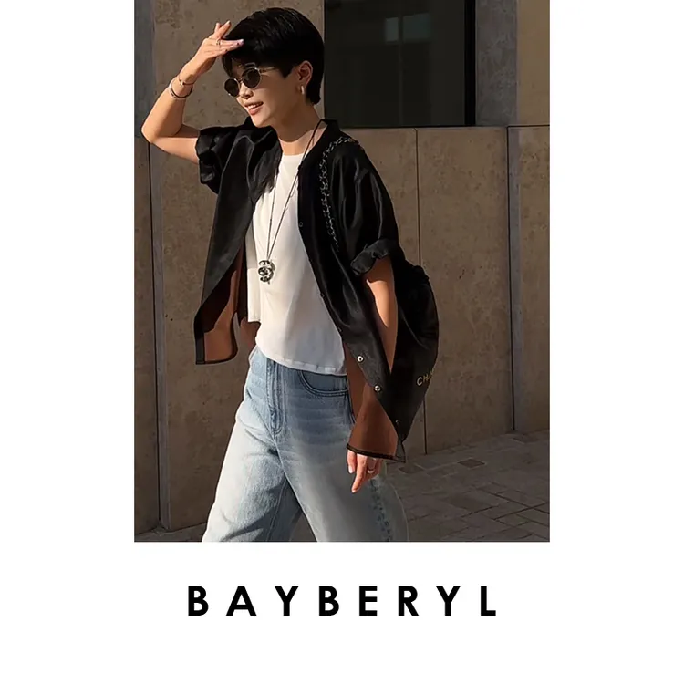 BAYBERYL老贝墨色*重磅香云褶皱袖国风排扣短袖衬衫NCY5D2408-5/2