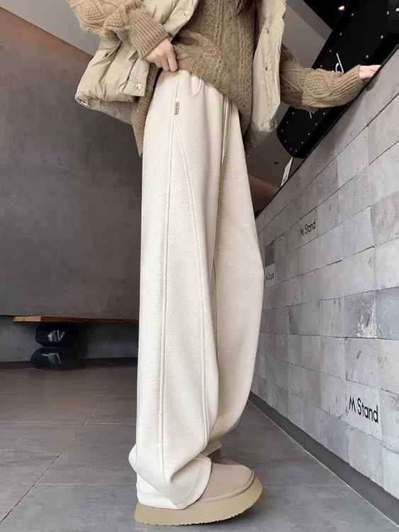 香蕉阔腿裤女2025秋冬镰刀裤秋冬窄版直筒加绒卫裤人字纹毛呢裤