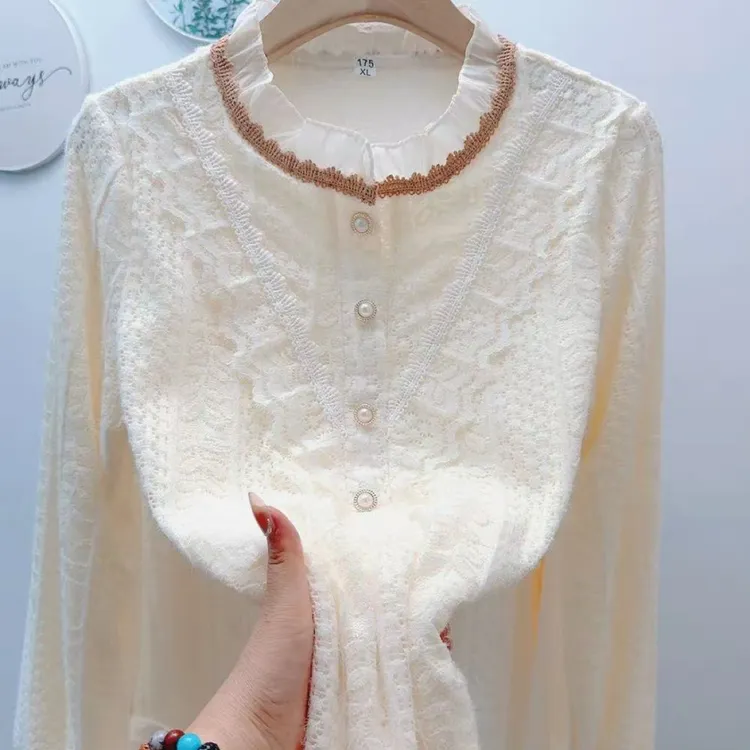 秋冬新款加绒蕾丝百搭打底衬衫女宽松显瘦洋气气质减龄外内搭上衣