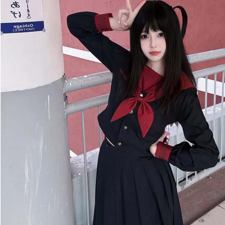 秋柚语夜羽高校日系学院风JK制服女长袖深蓝色水手服套装学生校服