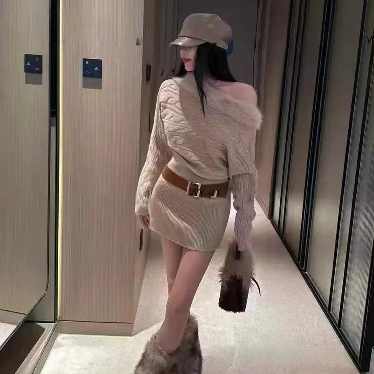 松弛风纯欲白色露肩针织连衣裙女秋冬时尚收腰修身显瘦包臀裙气质