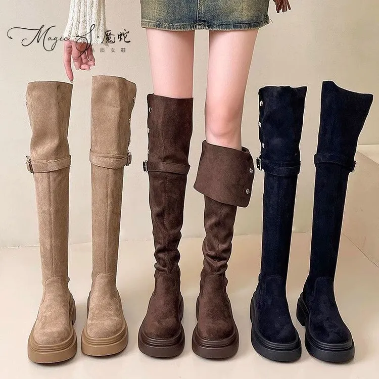 〖万达撤柜〗复古秋冬季潮流两穿翻折厚底西部靴粗跟过膝长靴骑士靴