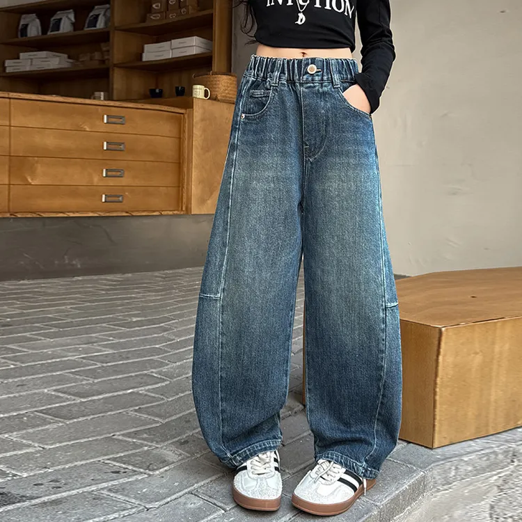 女童牛仔裤春秋2025新款中大童弯刀休闲裤6-12岁秋装儿童阔腿裤子
